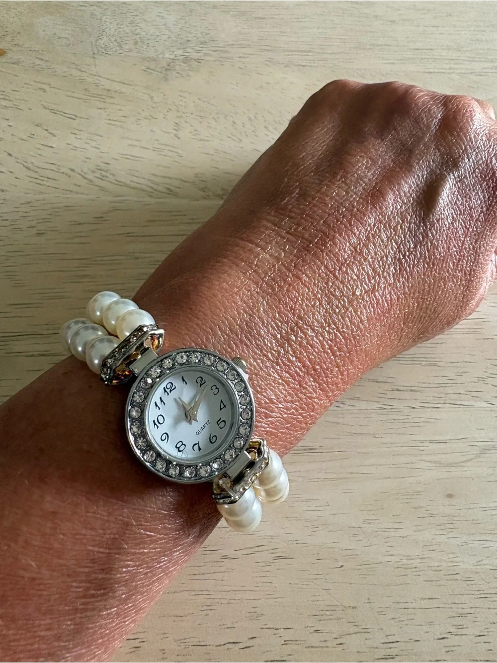 Pearl Bead Crystal Accent Bracelet Watch - White